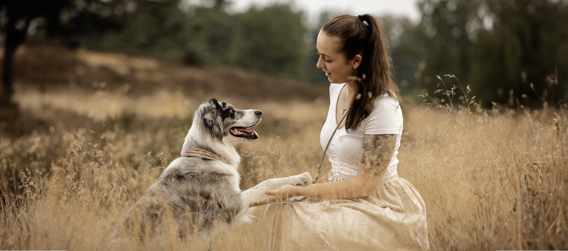 Hundetrainerin Sara Maggiorelli von Team Spirit mit Hündin im Feld sitzend Hundetrainerin Sara Maggiorelli von Team Spirit mit Hündin im Feld sitzend